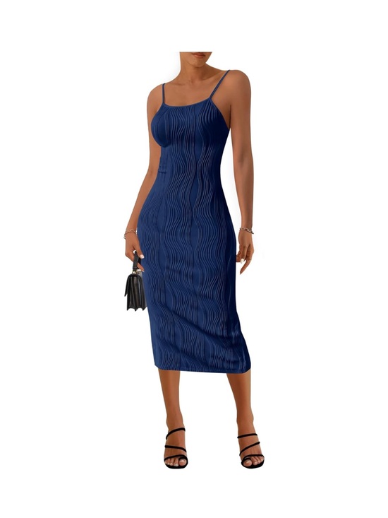 PrettyGarden Dresses & Skirts - Elegant Navy Midi Bodycon Dress with Textured Wave Detail